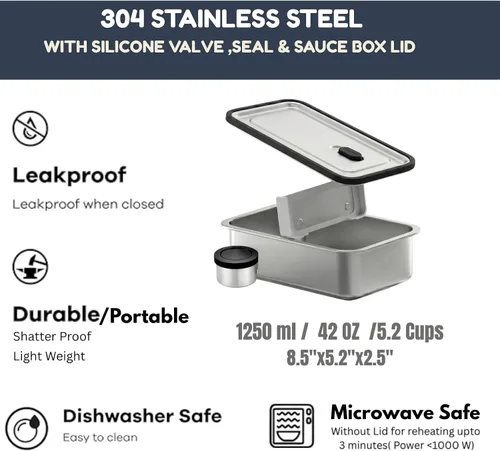 Miniatura 4 de Modaniam Caja Bento de acero inoxidable para adultos, 42 onzas, contenedores de almuerzo de acero inoxidable, lonchera de metal, contenedores