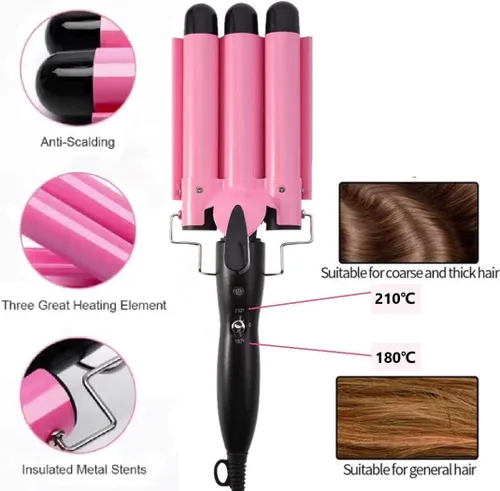 Miniatura 4 de MODVICA varita de rizar de 3 cilindros 26mm ondulador de pelo temperatura ajustable rizador de pelo de cerámica (rosa)