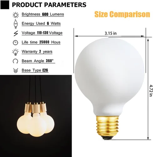 Miniatura 7 de Leools - Bombilla LED G25/G80 regulable sin parpadeo mate 6 W de vidrio esmerilado CRI95, luz blanca cálida 600 lm, bombilla LED Edison estilo globo