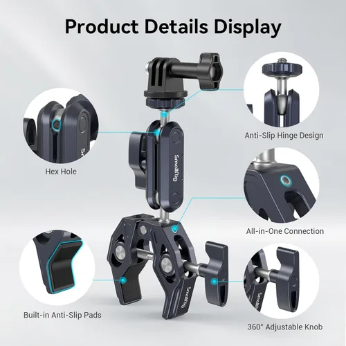 Miniatura 4 de SMALLRIG Abrazadera de montaje para cámara, brazo mágico de cabeza esférica y adaptador para Gopro, soporte para monitor de cámara con orificios
