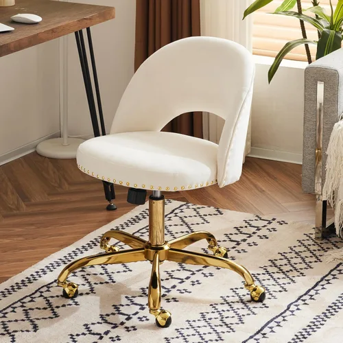 Miniatura 19 de VINGLI Silla de Oficina Pequeña de Terciopelo Moderna, Linda Silla de Escritorio con Ruedas, Base/Tachuelas Doradas, Cómoda Silla Giratoria sin Beige