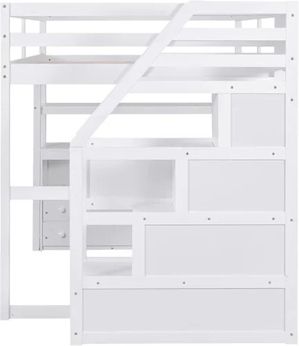 Miniatura 5 de Quarte Cama alta multifuncional, cama alta tamaño matrimonial con escritorio integrado y estantes de almacenamiento, dos cajones y escalera