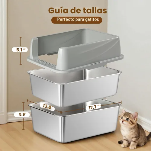 Miniatura 2 de Caja de Arena Tamizadora de Acero Inoxidable para Pellets de Pino, Caja de Arena para Gatos con Tamiz, Lado Alto para Gatos Pequeños, Anti-Fugas