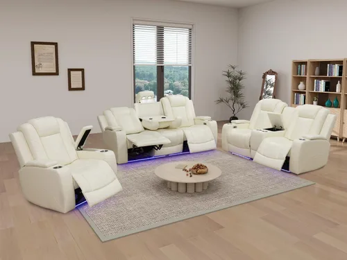 Miniatura 15 de Juego de sofá reclinable eléctrico, seccional de cuero transpirable beige, juego de muebles de sala de estar, 2 piezas, sofá reclinable eléctrico