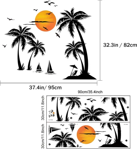 Miniatura 2 de Calcomanías de pared grandes de palmera negra, calcomanías de pared de pájaros tropicales de cocotero, mural de bosque para dormitorio, sala