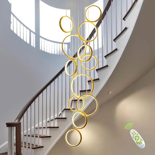Miniatura 11 de Candelabro moderno para entrada para techos altos, lámpara moderna regulable dorada para escalera, de lujo, techo alto, lámpara colgante LED