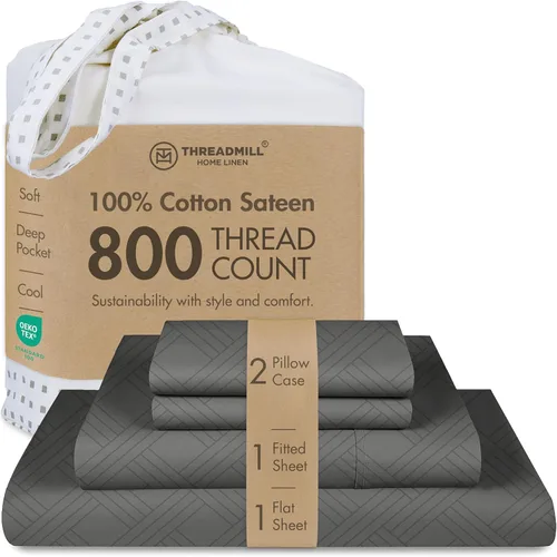 Miniatura 39 de Threadmill - Juego de sábanas de lujo de 800 hilos, tamaño matrimonial, 100 % algodón, tejido satinado azul folkstone, mejor que el algodón egipcio