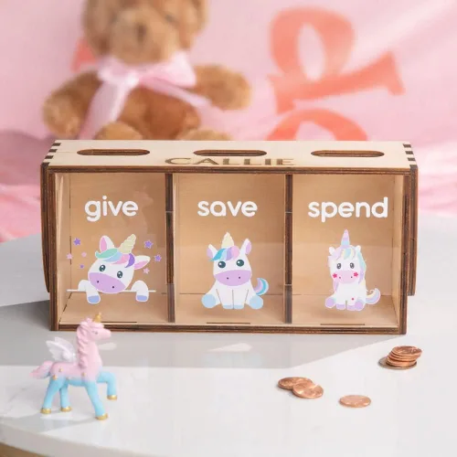 Miniatura 4 de Give Save Gastar Kids Teach Money Bank Nombre personalizado con dinosaurios o unicornio Banco de enseñanza para niños Caja de ahorros personalizada