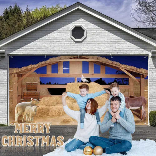Miniatura 5 de Preboun Cubierta para pancarta de puerta de cochera de Navidad con escena del pesebre del establo, telón de fondo para granja, granero, gran mural