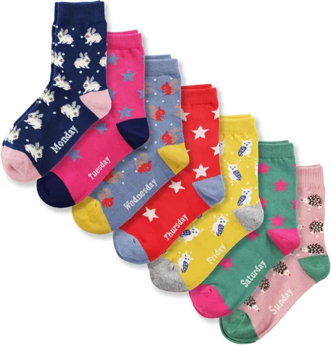 COTTON DAY Caja de regalo de 7 días de la semana, calcetines cortos de moda para niños y niñas, diseño de animales, flores, estrellas, rayas y