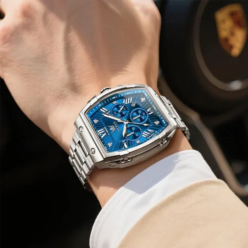 Miniatura 4 de OLEVS Relojes para Hombres Cronógrafo Impermeable Cara Rectangular Fase Lunar Correa de Acero Inoxidable Relojes de Vestir para Hombres Luminoso