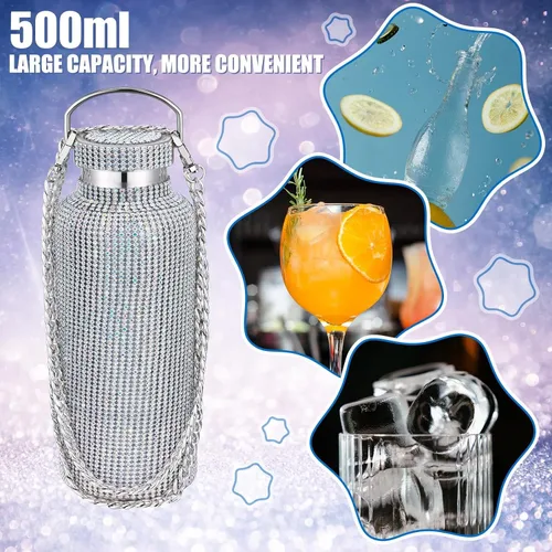 Miniatura 4 de Geiserailie Botella de agua con diamantes de imitación de acero inoxidable, térmica, recargable, aislada, con cadena, para mujeres y niñas