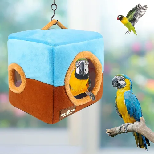Miniatura 6 de Casa nido de loro de gran tamaño – Invierno cálido pájaro acurrucarse cabaña colgante de pájaros casa jaula escondida cueva cama para pájaros Azul