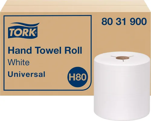 Tork Rollo de toalla de mano de papel blanco H80, universal, 100% fibra reciclada, 6 rollos x 800 pies, 8031900