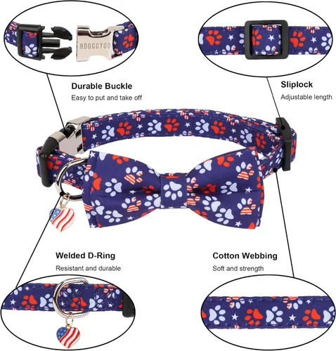 Miniatura 4 de ADOGGYGO Collar de perro con bandera estadounidense con corbata de moño desmontable, collares patrióticos ajustables del 4 de julio para perros