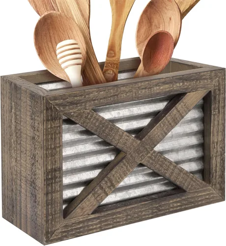 Autumn Alley Soporte para utensilios de cocina de madera rústica para puerta de granero, detalles galvanizados, detalles de granja que añaden