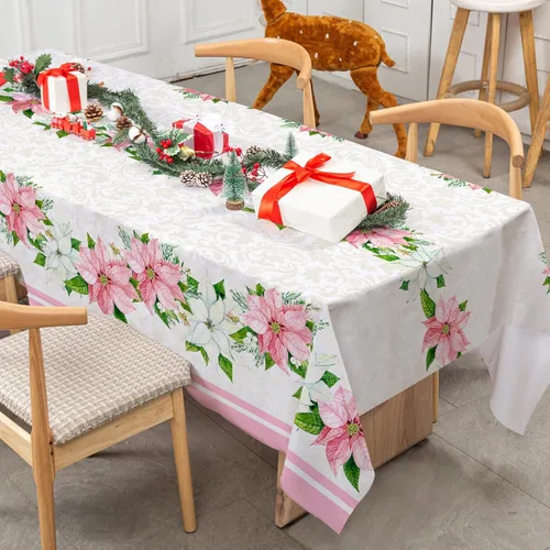 Miniatura 4 de Mantel navideño rectangular de 60 x 104 pulgadas, diseño de flor de pascua rosa con acuarela