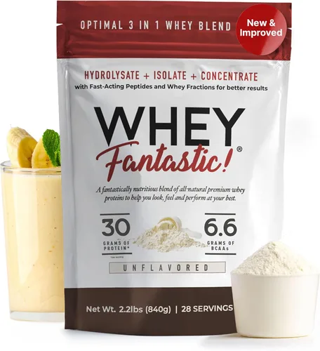 Fantastic Nutrition Proteína de suero en polvo 3 en 1, sin sabor, 2.2 libras, 1.06 oz de proteína alimentada con pasto de hidrolizado de suero,