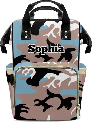 Miniatura 8 de Mochila de pañales de camuflaje azul amarillo con nombre, bolsa multifunción de gran capacidad para mamá, papá, unisex, niño y niña, Diseño 2