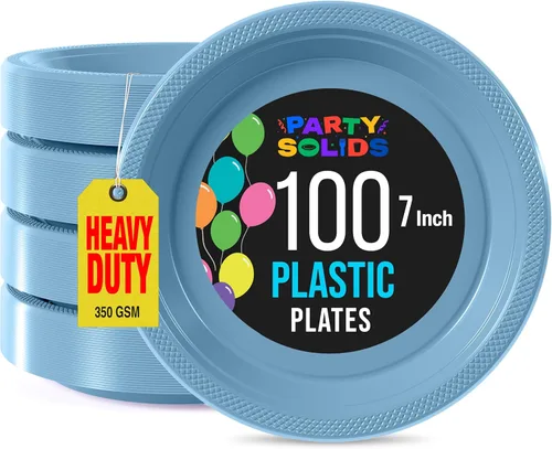 Miniatura 12 de Exquisitos platos de plástico rojo Party Solids para fiesta, platos desechables rojos de 9 pulgadas, juego de vajilla de plástico resistente, 100