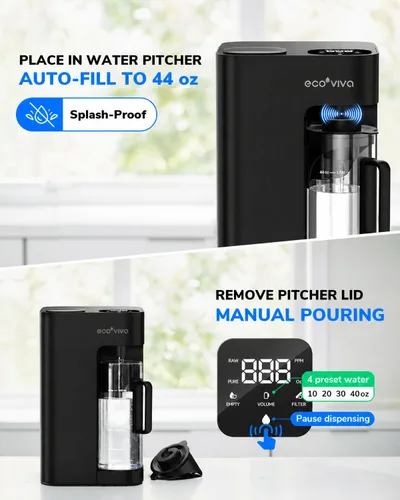 Miniatura 2 de Ecoviva Mate 3 - Filtro de agua de ósmosis inversa para encimera, sin instalación, jarra portátil de llenado automático, 3:1 de puro para drenar