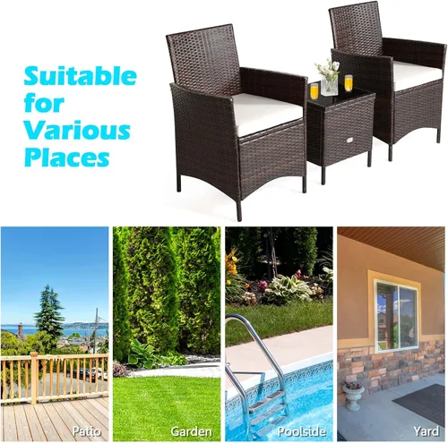 Miniatura 4 de Juego de muebles de patio de 3 piezas, muebles de mimbre para exteriores con cojín resistente al agua y mesa superior de vidrio templado, juego