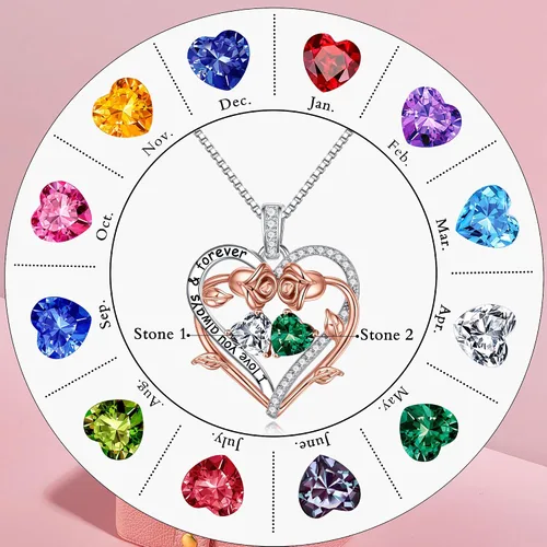 Miniatura 6 de Iefil Rose Heart Double Birthstone Necklace Gifts for Wife Girlfriend Her Women, Birthstone Jewelry Gemstone Birthday Gifts for Mom Grandma Her Wife