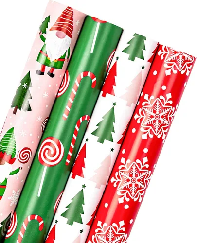 WRAPAHOLIC Rollo de papel de regalo de Navidad de 30 pulgadas - Rollo jumbo rojo, verde y rosa de gnomo de Navidad y elfo festivo, colección de 4