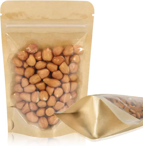 100 PCS bolsas resellables, bolsas de papel kraft de pie con ventana frontal transparente, bolsas de almacenamiento de alimentos con cierre de