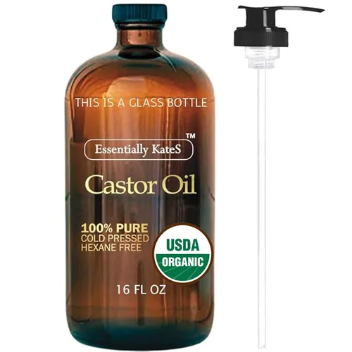 Essentially KateS Aceite de ricino de 16 onzas líquidas (botella de vidrio), 100% prensado en frío, certificado orgánico USDA, cuidado de la piel,