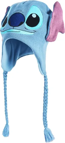 Miniatura 3 de Disney Stitch Beanie Hat, gorro de punto de invierno peruano con orejas y borlas 3D, azul, talla única, Azul