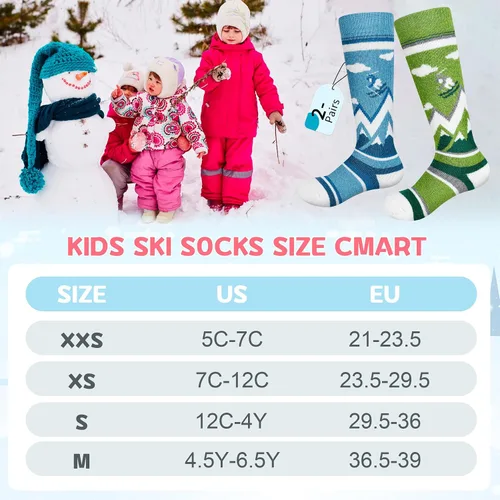 Miniatura 6 de unenow Calcetines de esquí de lana merino para niños, 2 pares, calcetines térmicos cálidos de invierno para niños y niñas pequeños