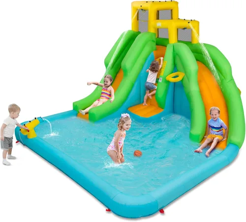 Miniatura 9 de HONEY JOY - Tobogán acuático inflable, parque acuático inflable 6 en 1 con muro para escalar y 2 toboganes largos, piscina, castillo inflable