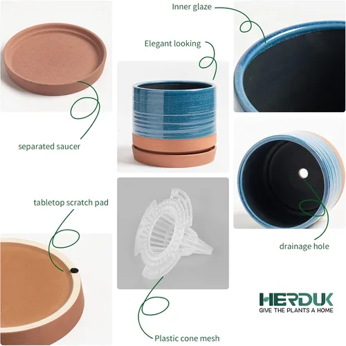 Miniatura 4 de HERDUK Macetas para plantas de 6 pulgadas, maceta de cerámica con orificio de drenaje y platillo, maceta cilíndrica redonda para Azul aguamarina