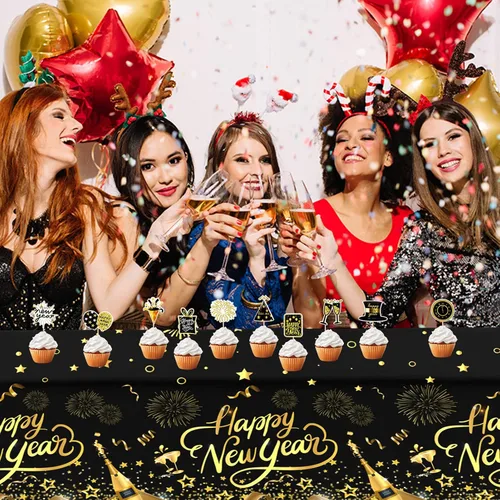 Miniatura 7 de HOWAF Paquete de 3 manteles de decoración de fiesta de Año Nuevo, mantel de feliz año nuevo negro y dorado para suministros de fiesta de Noticias