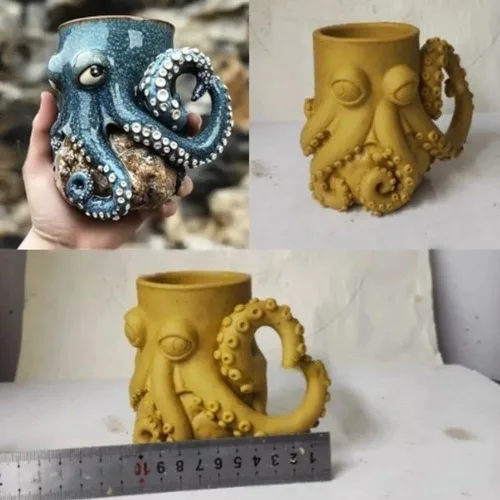 Miniatura 6 de Taza de pulpo de criatura oceánica para decoración del hogar, soporte para bolígrafo de pulpo 3D, único y novedoso con mango de tentáculo, bigote