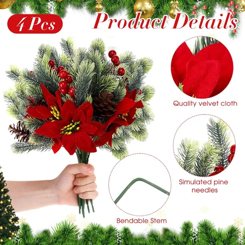 Miniatura 3 de Ramo de flores de Pascua artificiales de terciopelo rojo de 13.4 pulgadas, para exteriores, con cono de pino, bayas rojas, agujas de pino, plantas