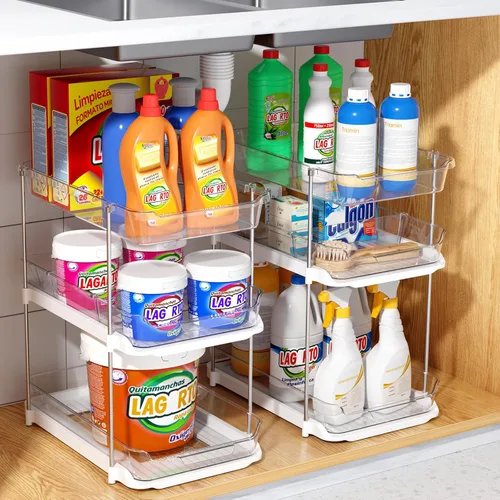 Miniatura 7 de Delamu 2 juegos de 3 niveles de organizadores y almacenamiento para debajo del fregadero del baño, organización y almacenamiento de despensa Blanco