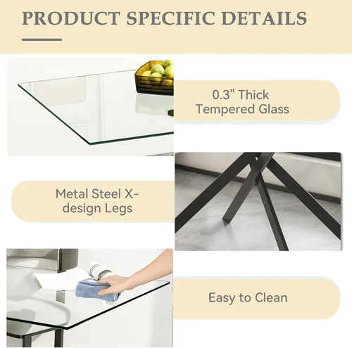 Miniatura 4 de SSLine Mesa de comedor moderna de cristal, rectangular de 51 pulgadas, color negro con patas de metal diseñadas en X para cocina y comedor