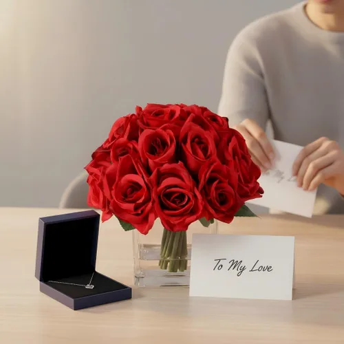 Miniatura 5 de 18 cabezas de rosas artificiales en jarrón, arreglo floral de rosas falsas en jarrón con agua falsa para mesa de comedor, boda, decoración del hogar