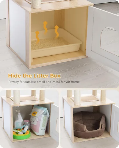 Miniatura 3 de PETEPELA Árbol para gatos de 56.7 pulgadas con caja de arena, torre grande de madera para gatos de interior con armario de almacenamiento y acogedor