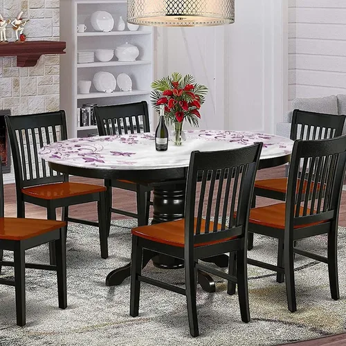 Miniatura 2 de Mantel ovalado ajustable para mesa de patio, poliéster elástico morado, con estampado de ramas nostálgicas simétricas, se adapta a mesas ovaladas