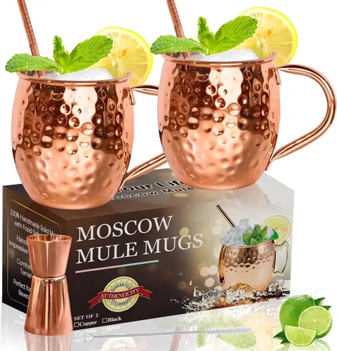 LINALL Moscow Mule - Juego de 2 tazas de acero inoxidable chapadas en cobre de 18 onzas, para bebidas frías (2 unidades)