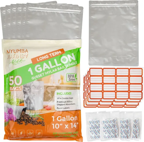 Bolsas de Mylar de 1 galón con absorbentes de oxígeno y etiquetas para alimentos, sellado térmico al vacío, resellable por congelador, bolsas