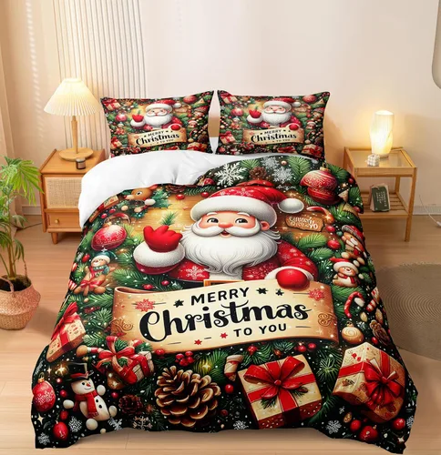 Miniatura 43 de Herside Juego de funda de edredón de Navidad, tamaño Queen, colorido patrón navideño impreso, bonita decoración navideña, microfibra suave, funda