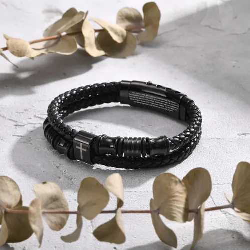 Miniatura 4 de TempBeau Pulsera de cuero negro cristiano para hombres, pulsera de cuero trenzado de doble fila con cruz de fe para hombres, regalo de joyería
