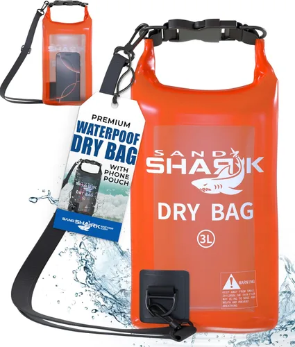 SandShark Bolsa seca impermeable de 3 litros – Bolsa de playa con funda transparente para teléfono, bolsa enrollable para canotaje, rafting,