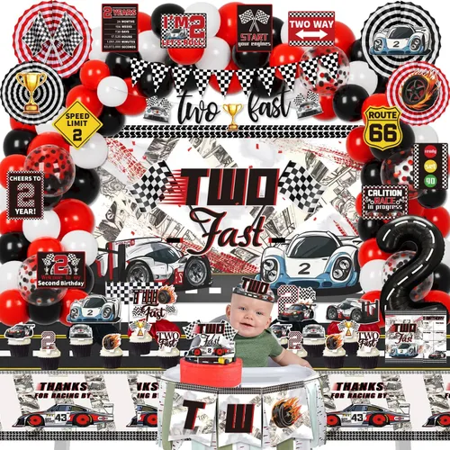 Miniatura 7 de KOTLMIGHT Decoraciones de Cumpleaños Two Fast para Niños, Suministros de Decoración de Fiesta Temática de Autos de Carrera para 2do Cumpleaños