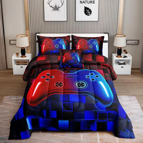Miniatura 11 de ROWADALO Juego de ropa de cama de 5 piezas para niños, juego de edredón para jugadores en una bolsa, juego completo con edredón, sábanas, sábana