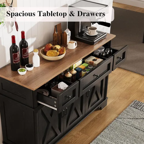 Miniatura 3 de BestHaped Armario de buffet de granja con almacenamiento, aparador negro con estantes ajustables y 3 cajones, mesa de buffet, barra de café, bar